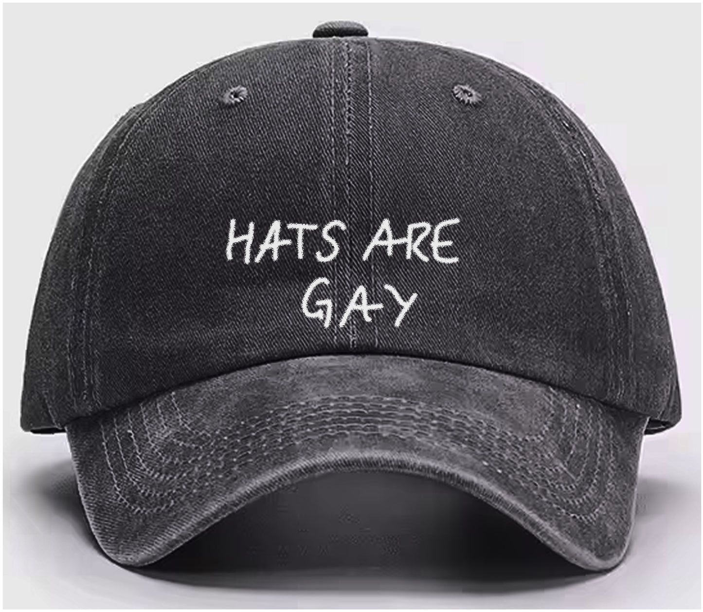 test image of charcoal dad hat with the embroidered catchphrase "hats are gay" to celebrate queer pride