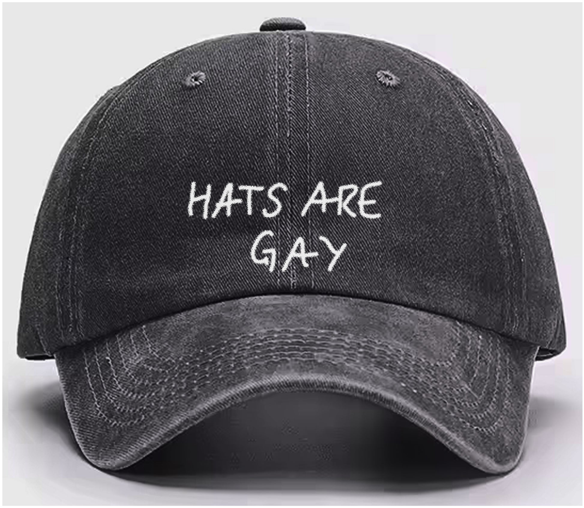 test image of charcoal dad hat with the embroidered catchphrase "hats are gay" to celebrate queer pride